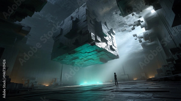 Fototapeta Futuristic cubic structure suspended in mid-air within a dimly lit chamber