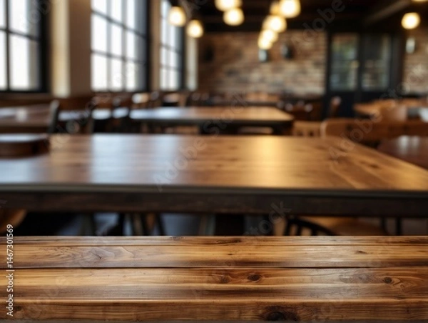 Fototapeta wooden board empty table set against a blurred coffee shop background