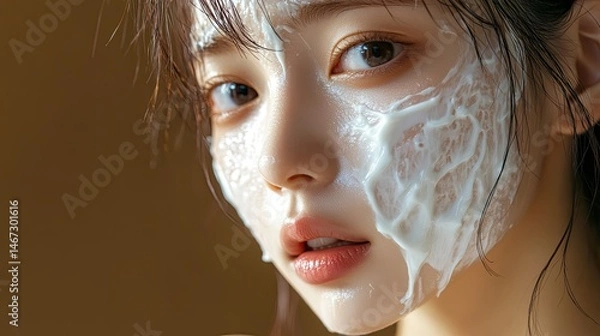 Fototapeta A close-up of a woman applying cream to her cheek, with a gentle smile