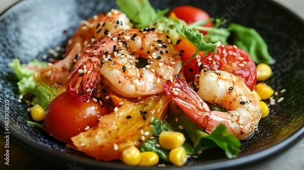 Fototapeta Delicious Cooked Shrimps with Sesame Seeds, Tomatoes and Corn Kernels on a Plate