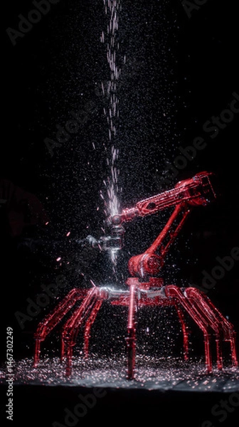 Fototapeta Sparks fly from welding of red spider-shaped robot against dark background