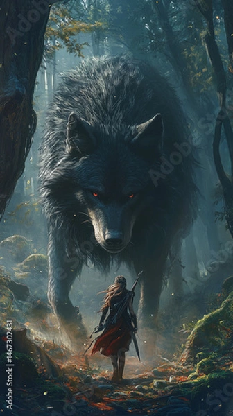 Fototapeta A fantasy scene with large, majestic black wolf standing beside a beautiful young huntress woman in the forest. 