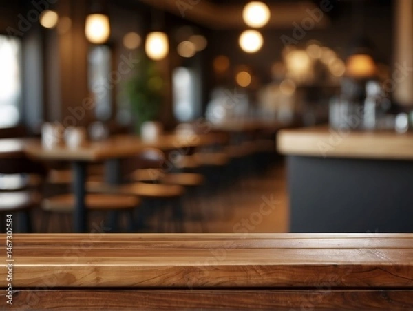 Fototapeta wooden board empty table set against a blurred coffee shop background