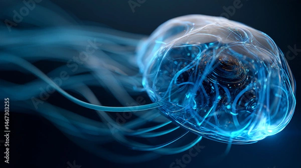 Fototapeta  Translucent, glowing jellyfish-like organism with blue bioluminescent tendrils against a dark background