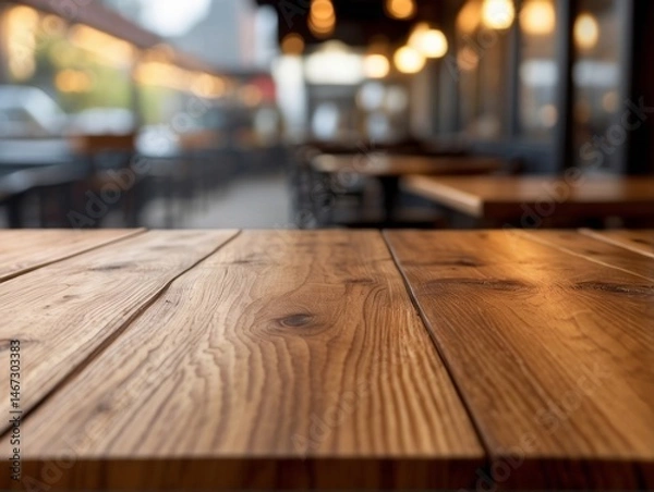 Fototapeta wooden board empty table set against a blurred coffee shop background
