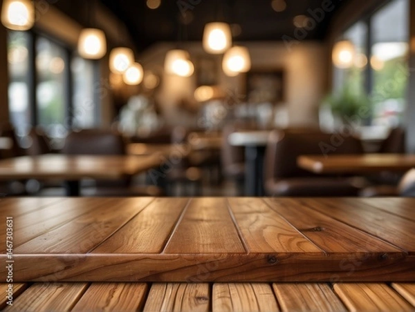 Fototapeta wooden board empty table set against a blurred coffee shop background