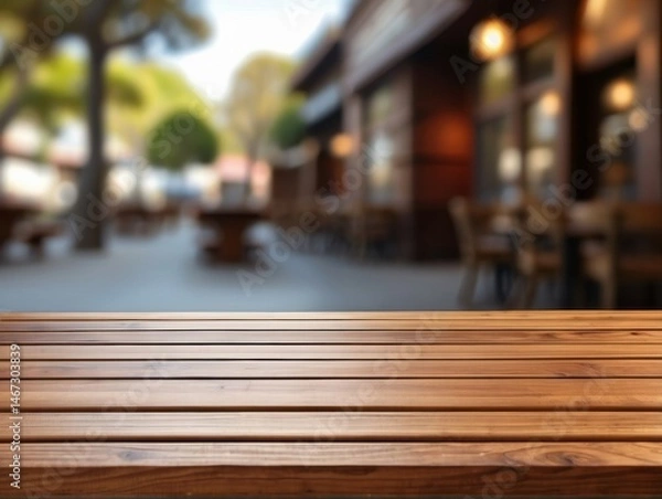 Fototapeta wooden board empty table set against a blurred coffee shop background