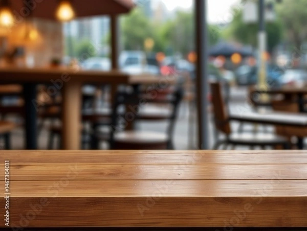 Fototapeta wooden board empty table set against a blurred coffee shop background