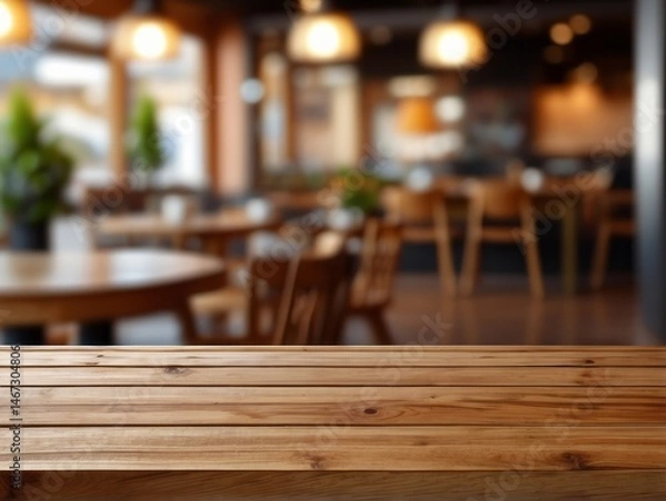 Fototapeta wooden board empty table set against a blurred coffee shop background