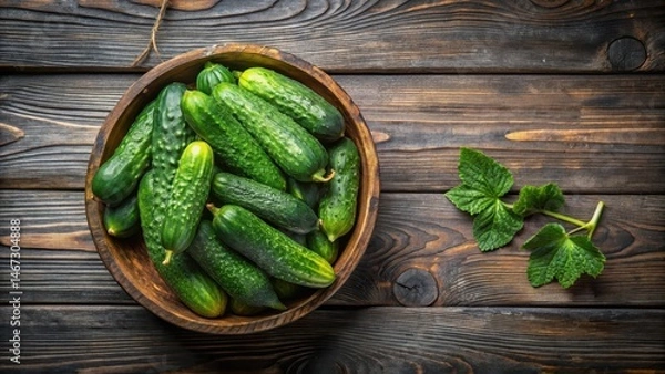 Fototapeta Freshly harvested pickling cucumbers on rustic dark wood from above,, gardening, cucumbers,  gardening,cucumbers, fall
