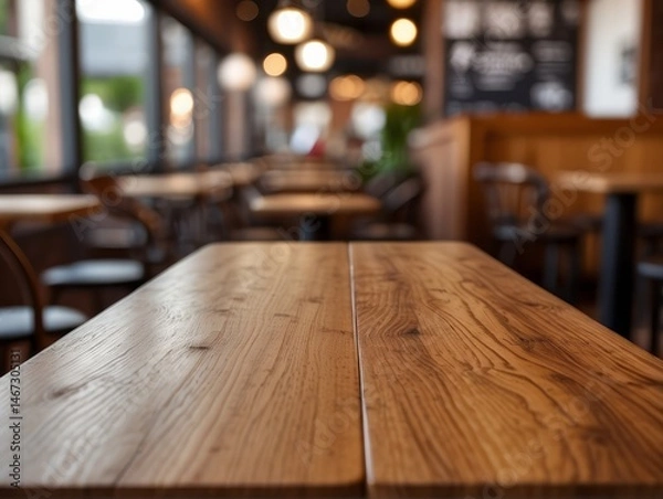 Fototapeta wooden board empty table set against a blurred coffee shop background