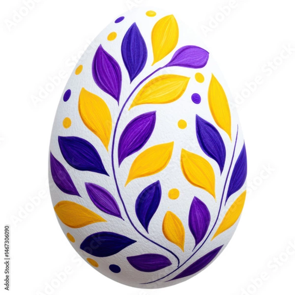 Fototapeta isolated transparent Background. Decorative egg with purple and yellow leaf patterns and dots on transparency background, showcasing vibrant folk art style