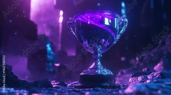 Fototapeta Futuristic silver trophy glowing with purple neon light on dark, rocky surface.