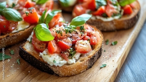 Fototapeta Close-up of four bruschetta topped with fresh tomatoes, basil, and creamy cheese on a wooden board.