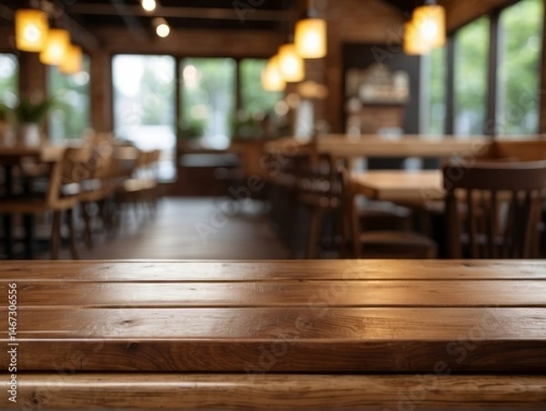 Fototapeta wooden board empty table set against a blurred coffee shop background