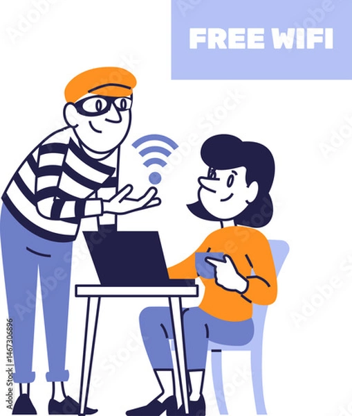 Obraz Cybersecurity risk of using public Wi-Fi — cartoon hacker spying on user data, online safety warning, digital privacy threat in unsecured wireless networks