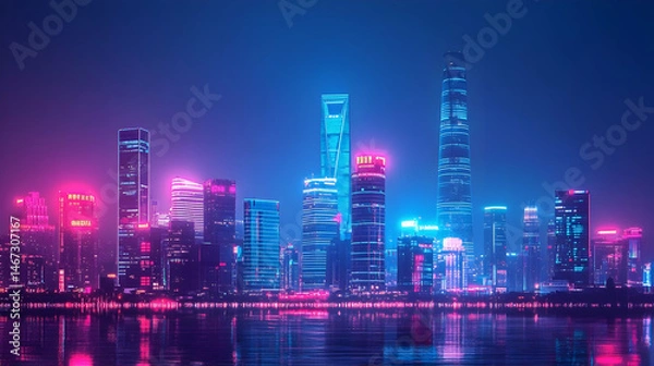 Fototapeta Vibrant Cyberpunk Metropolis: A Dazzling Skyline Reflecting on Tranquil Waters