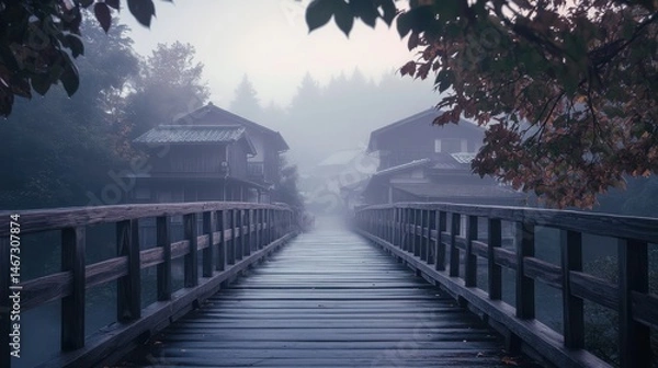 Obraz Ancient wooden bridge in a misty Japanese village