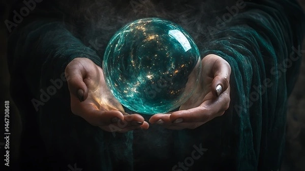 Fototapeta Magic Crystal Ball Held By Hands with Emerald Velvet Fabric in Dark Setting