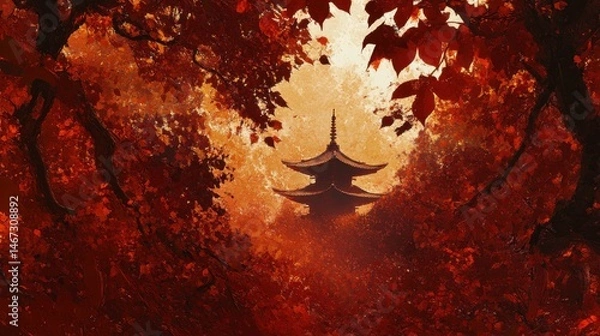 Obraz A pagoda hidden among vibrant autumn leaves.