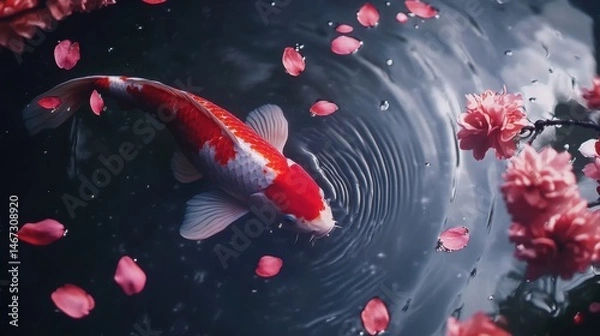 Obraz Koi fish swimming beneath cherry blossom petals