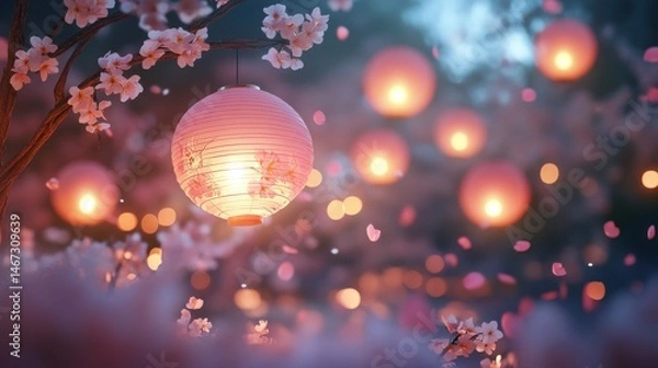 Obraz Cherry Blossom Festival with Glowing Paper Lanterns