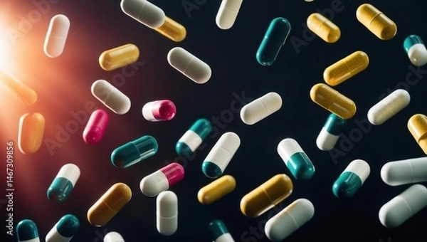Obraz Slow Motion Capture Of Various Medical Pills And Capsules Thrown Into The Air, Isolated On Black Background, Showcasing A Dynamic Explosion Of Brown, White, And Yellow Medicines In Flight.	
