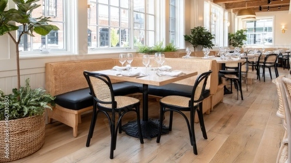 Fototapeta Chic dining area showcases a rectangular table surrounded by elegant black-backed chairs, with a light-filled environment highlighting warm, inviting tones