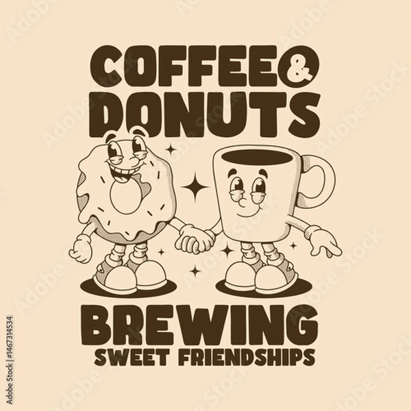 Fototapeta Coffee and Donut Retro Character Design Illustration