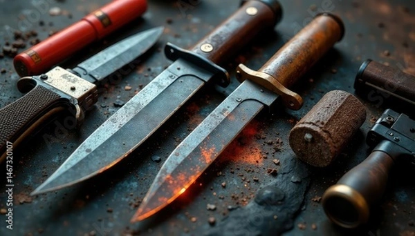 Fototapeta Close-up of a variety of dangerous weapons, including knives, guns, and explosives , threats, weaponry
