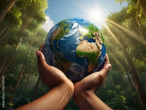 Fototapeta portraying the Earth at night cradled delicately in human hands