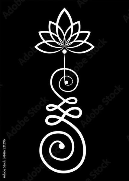 Fototapeta Unalome lotus flower symbol, Hindu or Buddhist sign representing path to enlightenment. Hand drawn Yantras Tattoo icon. Simple black and white ink drawing, isolated vector illustration