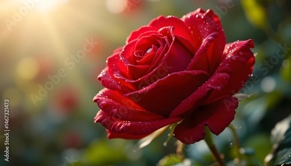 Fototapeta Macro Shot of a Fresh Red Rose in Full Bloom with Dewdrops on Velvety Petals against a Soft-Focused Garden Background in Morning Light