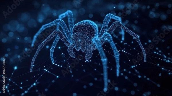 Fototapeta Abstract digital spider in a web, glowing blue, polygonal design.