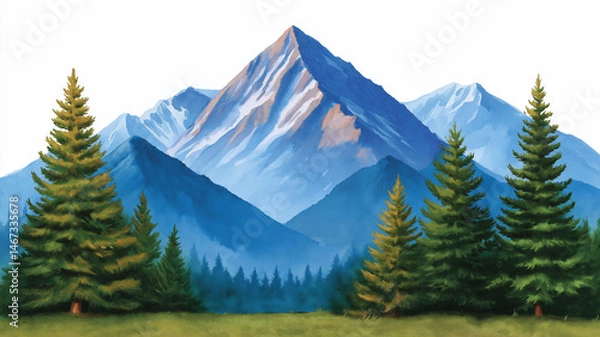 Fototapeta Watercolor painting of mountain range with tall pine tree forest in foreground, showing blue and brown shaded peaks under clear sky, evoking calm and natural beauty