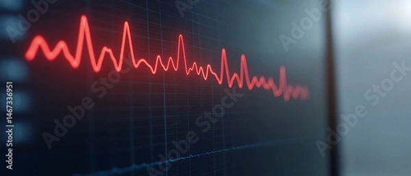 Fototapeta Fading Vital Signs: A stark red line graph displays a pattern of declining amplitude on a screen, suggesting a critical situation.
