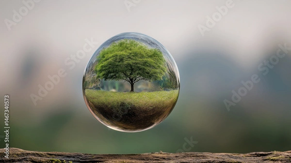 Fototapeta Green tree with lush foliage is reflected inside transparent glass sphere, floating above wooden surface with blurred natural background, evoking sense of calm and environmental focus