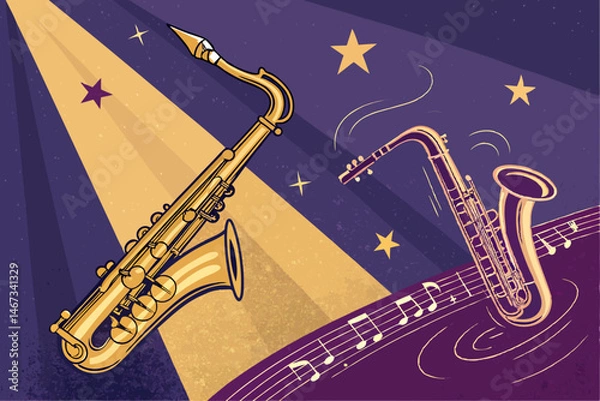 Fototapeta Design a vibrant vector poster for a Jazz Night featuring a bold, stylized saxophone illustration.  Include space for event details.