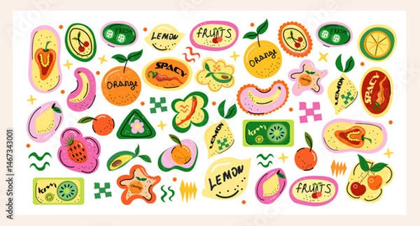 Fototapeta Trendy fruit sticker set with bold lettering and vibrant colors hand-drawn labels with lemons, oranges, kiwis, cherries and juicy tropical vibes, perfect for packaging and summer design.