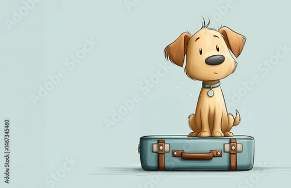 Fototapeta Cute cartoon dog sitting on a vintage suitcase, looking curiously at the viewer, with a soft pastel background, evoking a sense of adventure and companionship