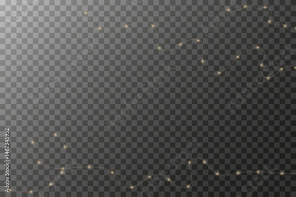 Obraz Vector background with glowing fairy lights on a transparent grid. Decorative Christmas garland design with warm yellow sparkles, isolated.