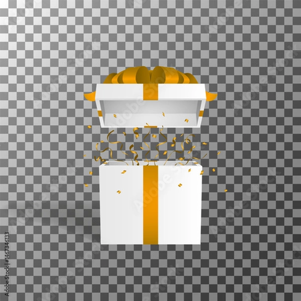 Obraz Open white gift box with golden ribbon and flying confetti on transparent background, festive surprise concept, vector illustration.