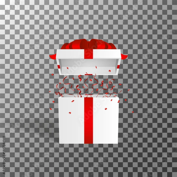 Obraz Open white gift box with red ribbon and confetti explosion on transparent background, perfect for celebration or surprise themes.