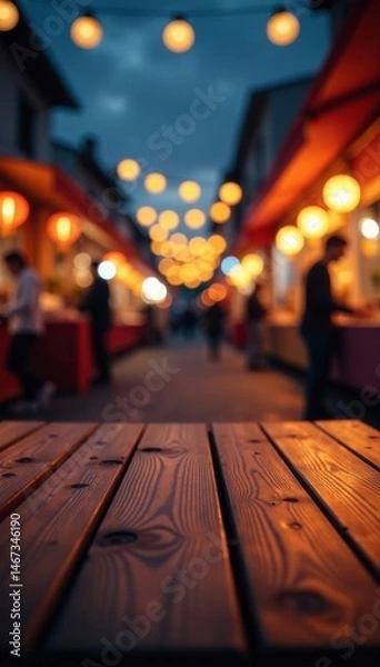 Fototapeta Empty wooden table with twinkling street lights at night market, empty space, festival