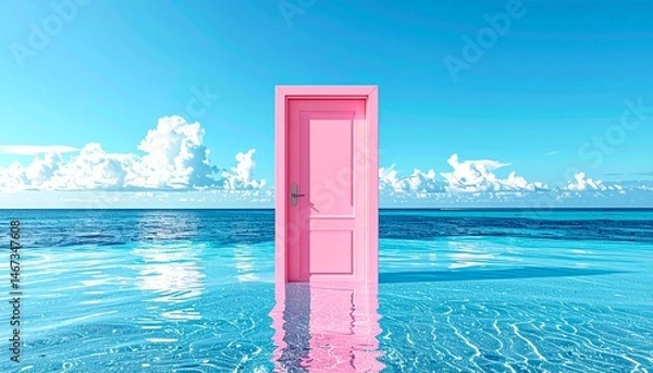 Obraz 海面に立つピンクの扉、どこにでも行ける扉