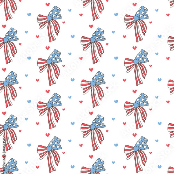 Fototapeta Coquette 4th Fourth of July, Red White & Blue Bows Seamless Pattern, Patriotic Ribbons Repeat Patten, Cute 4th of July Party