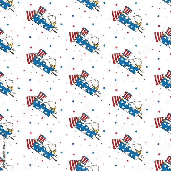Fototapeta Hand-drawn Retro Silly goose on Firework Seamless Pattern, Patriotic Ribbons Repeat Patten, Cute 4th of July Party. 