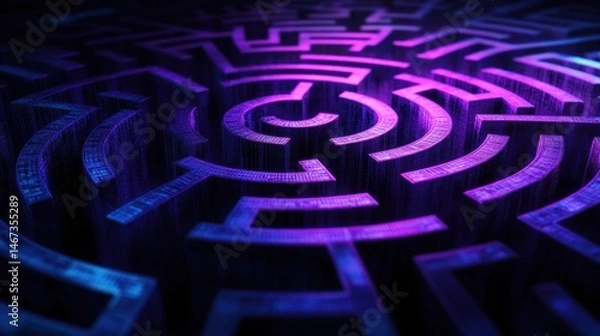 Fototapeta Abstract circular maze with neon purple and blue glow, complex path, 3D rendering.