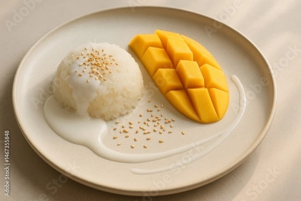 Fototapeta Delicious mango with sweet coconut sticky rice and sesame garnish prepared in a modern kitchen