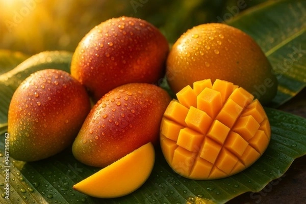 Fototapeta Fresh ripe mangoes on a green leaf with sunlight reflecting on dew droplets in a tropical setting